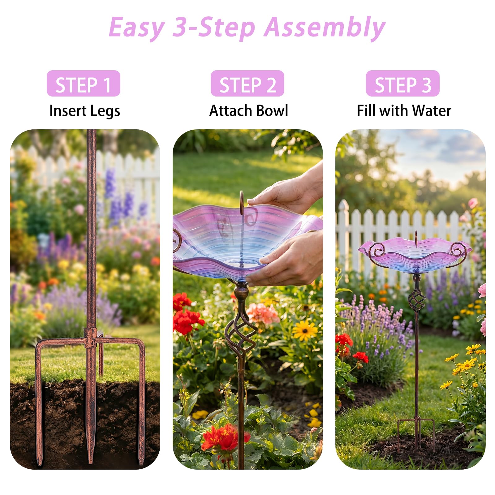 MUMTOP Bañeras de cristal para pájaros de 31 pulgadas de altura, comedero para pájaros al aire libre con estaca de metal, jardín y patio exterior, color morado