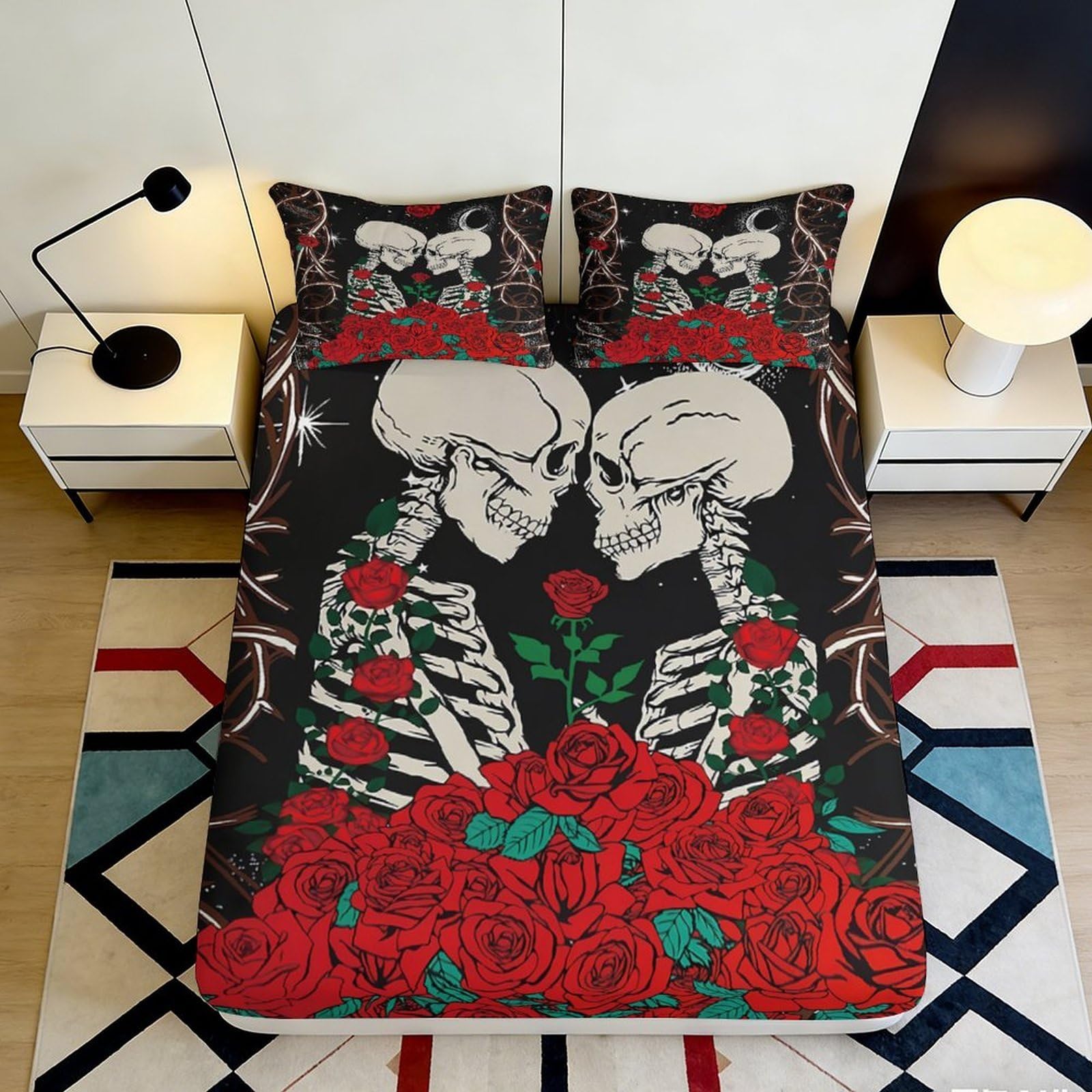 Uynsixtme Style-10 3D Printed Skull Rose Fitted Sheet Microfiber Deep Pocket Non-Slip Bedroom Bedding Skull Rose Mattress Fitted Cover For Adults Teens 200X200x25cm