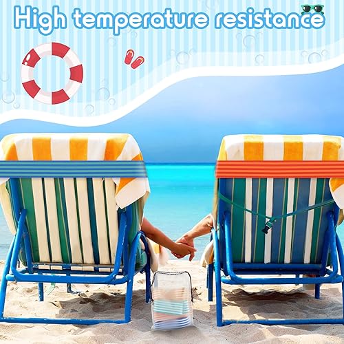 Miniatura 7 de Paquete de 12 bandas de toalla para sillas de playa, clips de toalla para sillas de piscina con bolsa de almacenamiento, correa de toalla elástica