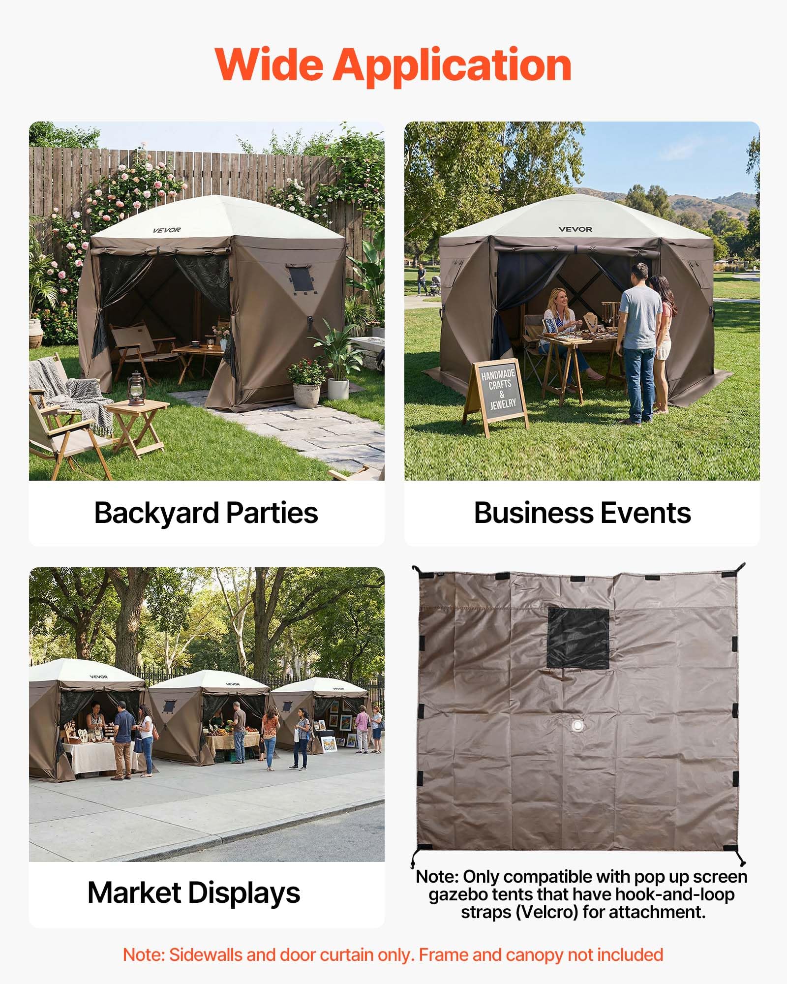 VEVOR Pannelli Laterali per Gazebo 1,73 x 1,48 m, con Protezione Impermeabile e dalla Luce Solare, 1 Porta con Cerniera e 2 Finestre, per Eventi all'Aperto, Solo 6 Pareti Laterali, Marrone