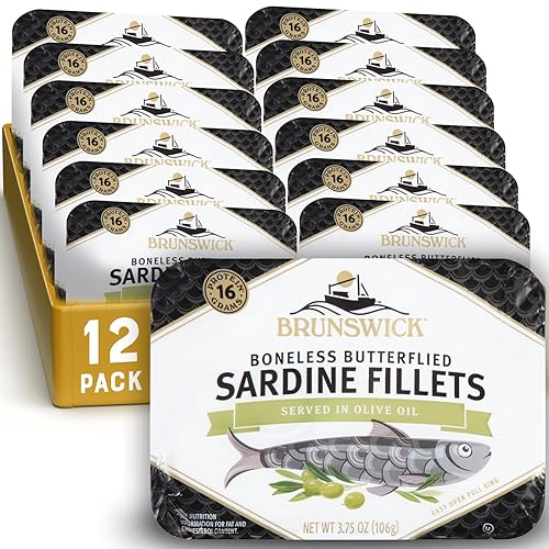 Miniatura 1 de Brunswick Sardinas en aceite de oliva, lata de 3.75 onzas (paquete de 12)  Sardinas capturadas silvestres  0.56oz de proteína por porción, sin