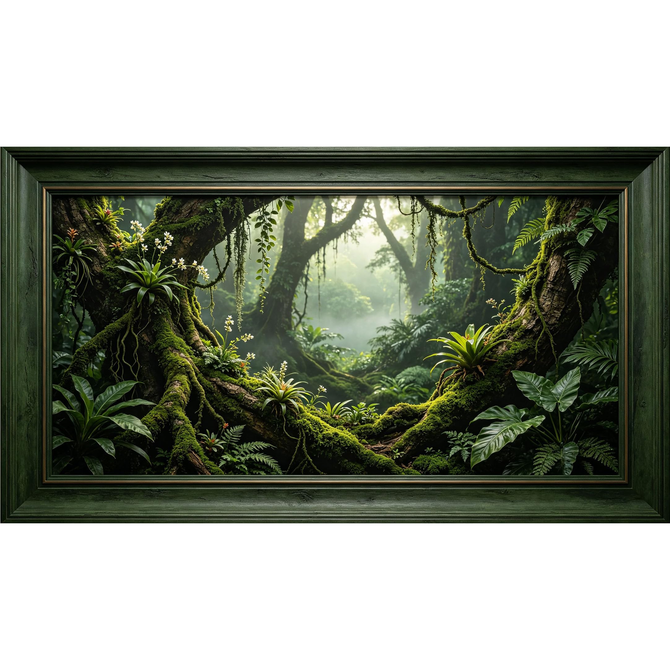 QZLITHOTIC 50x90cm3D Framed Wall Art， Tropical Jungle Rainforest Botanical Landscape Self‑Adhesive Mural， Water‑Activated Peel & Stick Fabric Decor Wall Decal for Bedroom Living Room