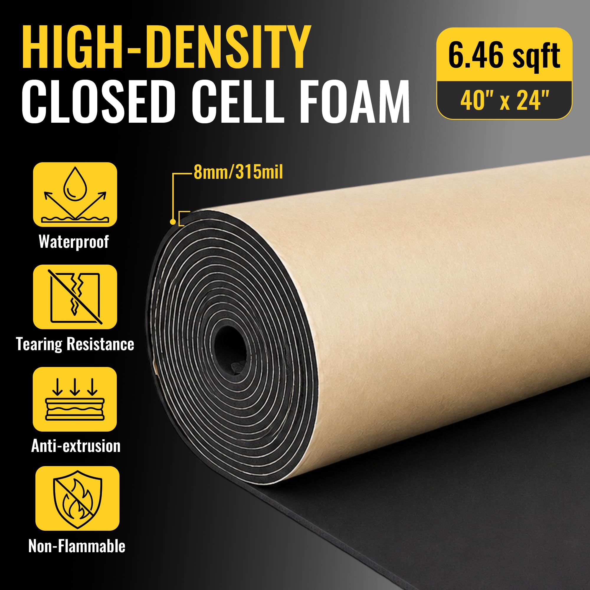 sourcing map Mousse Auto-Adhésive AntiBruit 8mm Noir Pour Voiture Isolation | 60x100cm,Haute Compressibilité, Étanchéité, Réduction Bruit, Pour Toitures, Portes, Roues, Coffre, Tablette