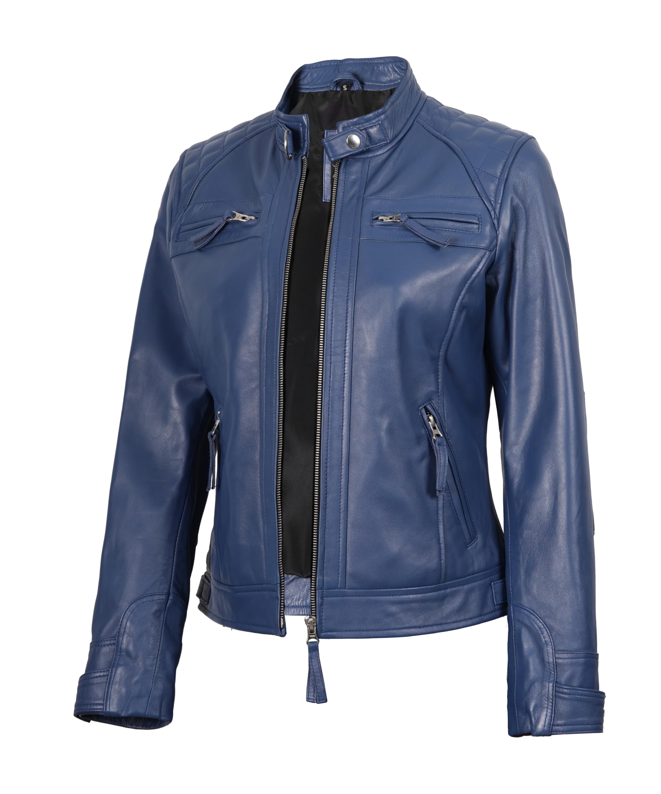 fjackets Damen Lederjacke - Echtes Lammfell Cafe Racer Moto Biker Steppjacke Reißverschluss Jacke für Frauen, Blau, Medium