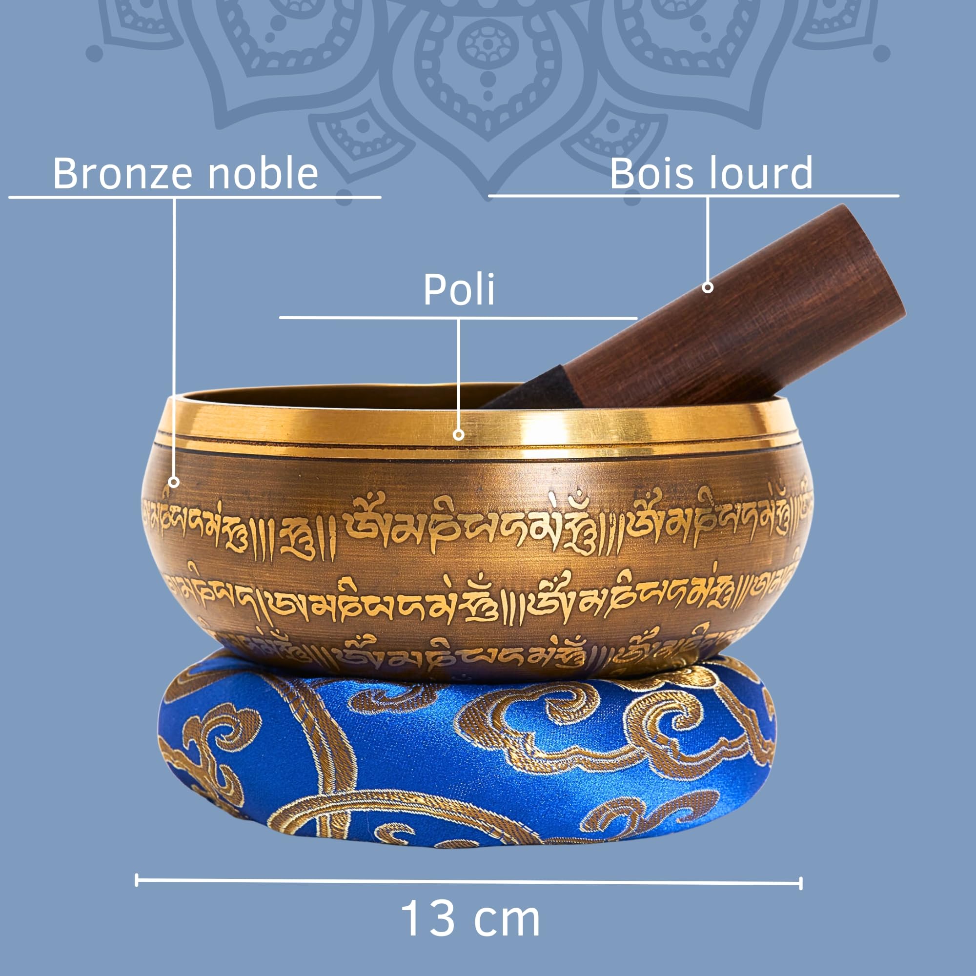 XL Bol chantant fait main au Népal – set tibétain pour la méditation – Yoga – Fuseau avec du cuir – Box de papier Lokta
