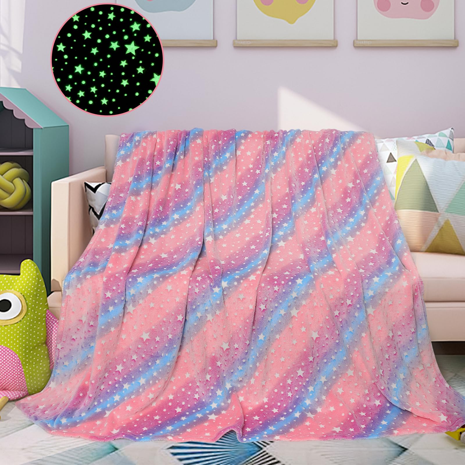 Couverture phosphorescente étoiles cadeau naissance fille plaid doux