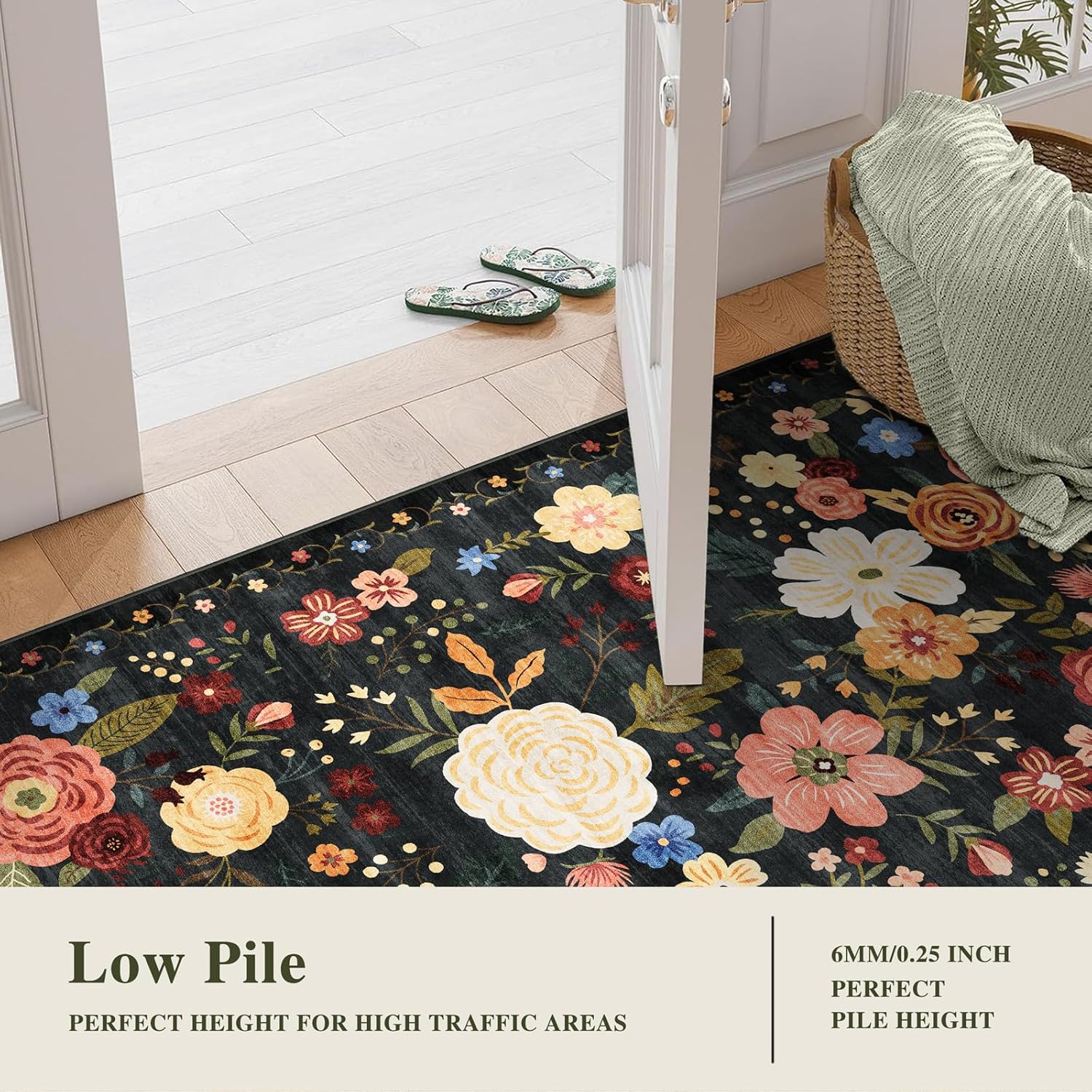 8x10 Washable Area Rug for Living Room, Floral Non-Slip Non-Shedding & Easy Care Black Green Large Soft Low Pile Indoor Floor Carpet for Living Room Bedroom Farmhouse Dining Room Kids Playroom