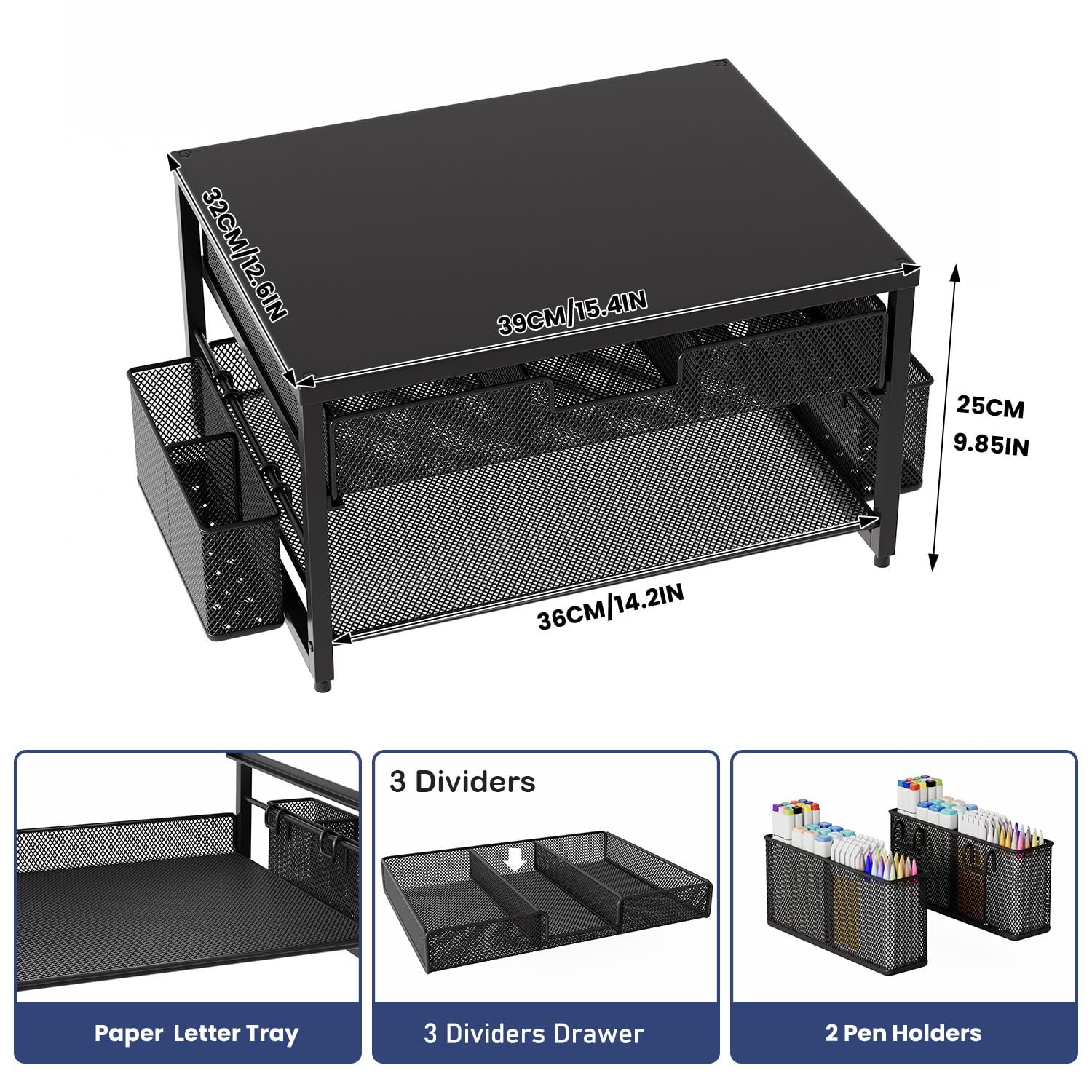 Supporto da scrivania in metallo per stampante con cassetto portaoggetti e 2 portapenne, 2 ripiani per stampante desktop con porta carta, organizer multiuso da scrivania da ufficio, nero