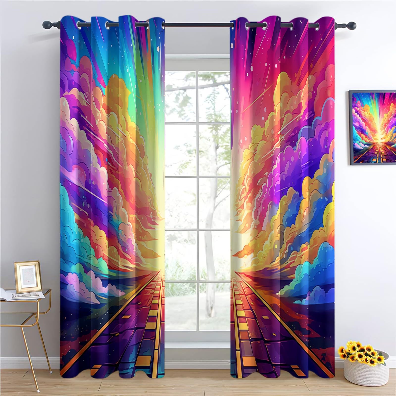 Couleur Rideau Occultant à Oeillets, Rêve Univers Nuages Route Rideaux Isolant Thermique Anti Bruit, Protection de la Vie Privée Décoration Rideau pour Chambre à Coucher 110 x 215 cm, 2 Pièces