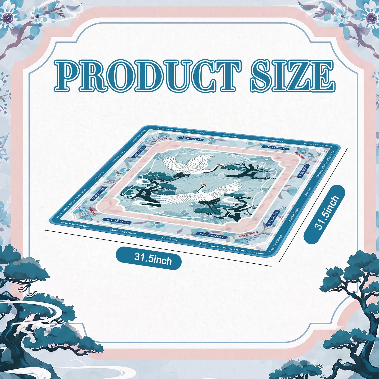 Seenelling Mahjong Mat - Tappetino antiscivolo, motivo: gru volante | Quadrato da 80 x 80 cm, imbottitura per riduzione del rumore, superficie di gioco Majong per tessere del domino da poker