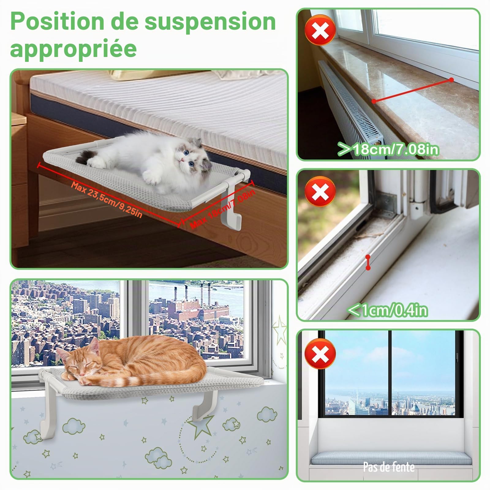 2-en-1 Hamac Chat Fenêtre Pliable 53.5x39.5cm Lit Suspendu Chat avec Ventouses et Crochets Support Usqu'à 25kg Hamac Fenêtre Chatte Confortable et Sécurisé pour Intérieur Extérieur - Gris
