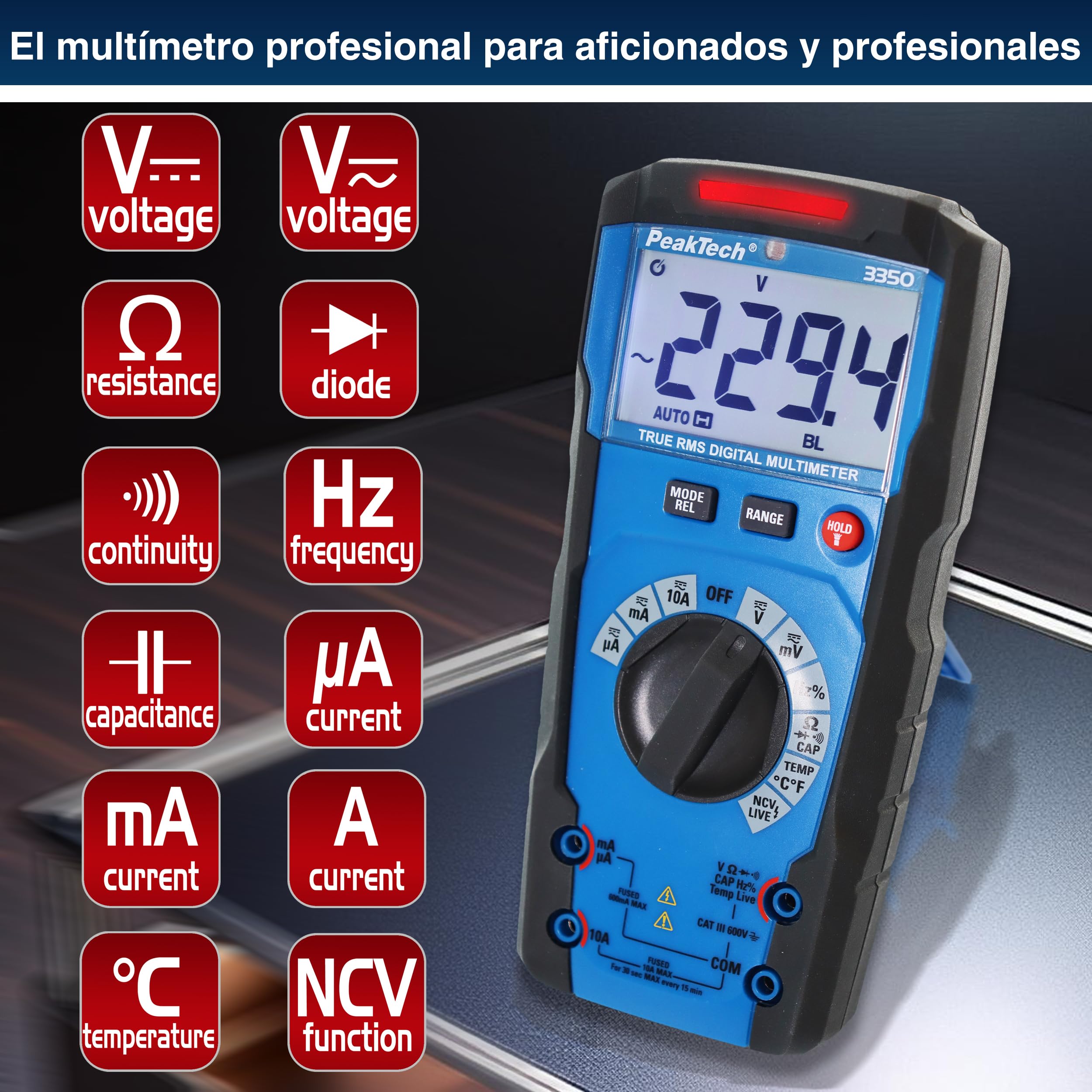 PeakTech 3350 - True RMS Multimeter mit Digital Anzeige Strommessgerät mit 6000 Counts Profi-Messgerät für Elektriker 10A AC/DC - CAT III 600V, automatische Bereichswahl