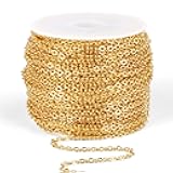 [66 Feet/ 20M] 18K Gold Plated Stainless Steel Chain Bulk, 2mm 304 Stainless Steel Chains Flat Cable Link Chain Bulk for Jewelry Making DIY Craft