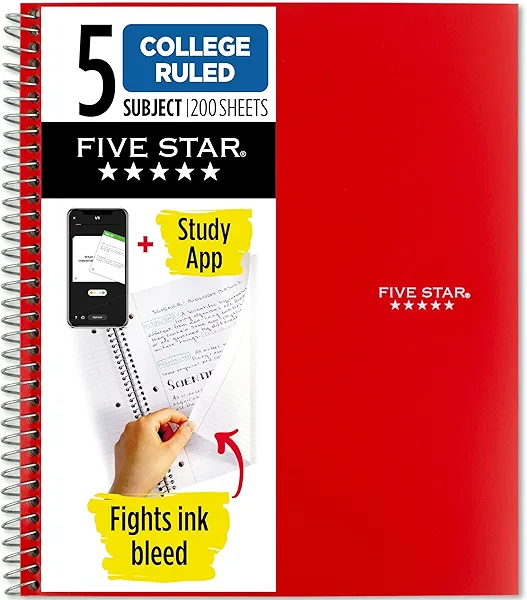 Five Star Spiral Notebook + Study App, 5 Subject, College Ruled Paper, 8-1/2" x 11", 200 Sheets, Fights Ink Bleed, Water Resistant Cover, Fire Red (72077)