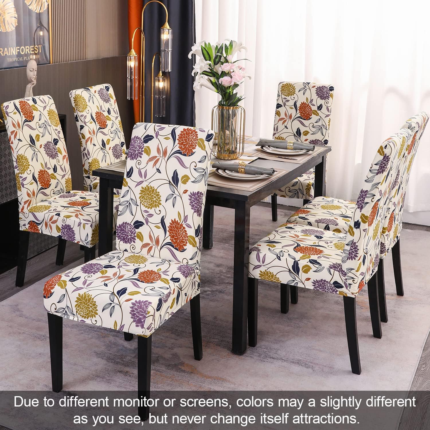 Set of 6 Beige Floral Stretch Dining Chair Covers
