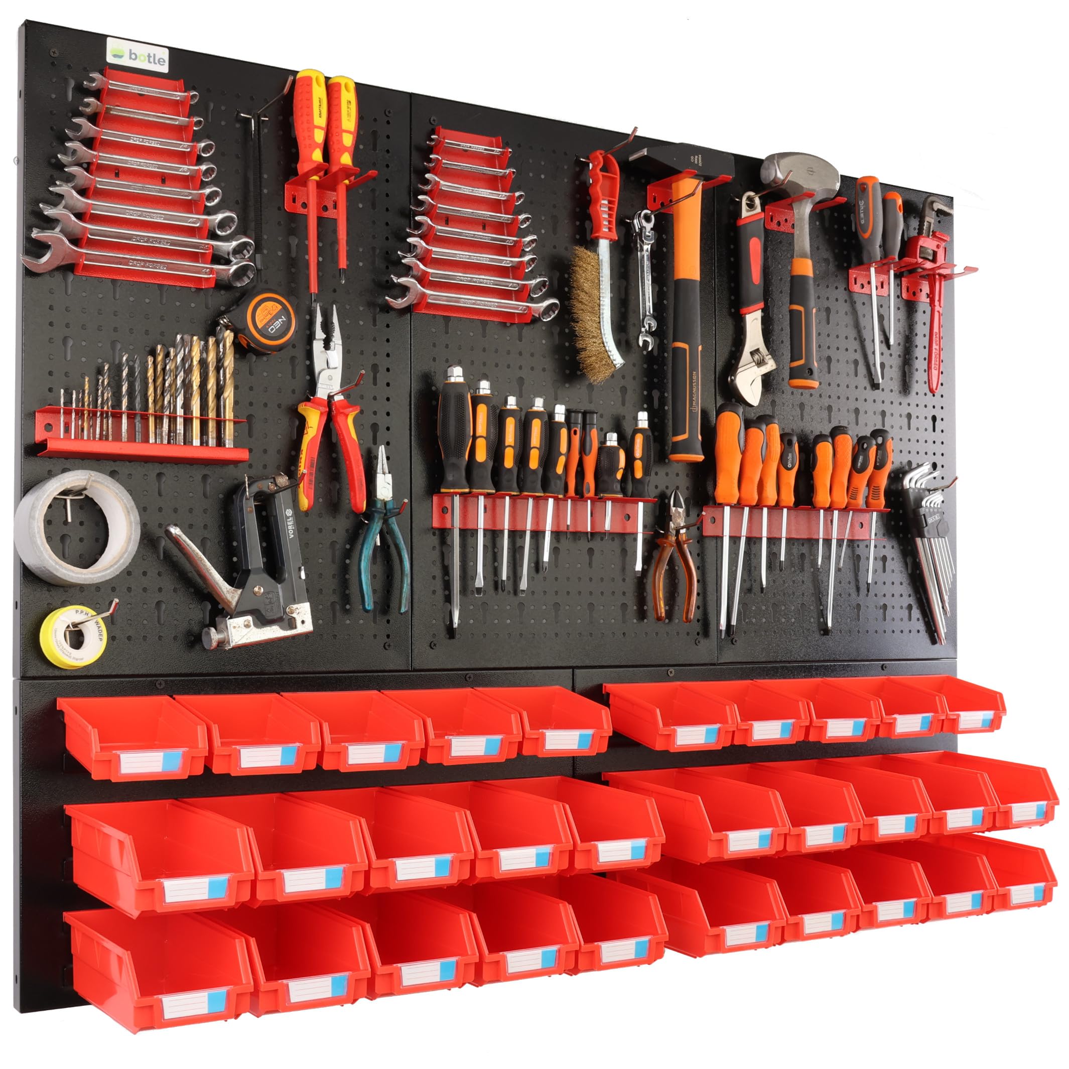 botle® Werkzeugwand Lochwand aus Metall, Stapelboxen + Wandregal + Werkzeughalter 57-tlg Set, Kleinteilelager, Wandwerkstatt mit 30 stapelbaren Rot Behältern, Hängeregal Sortierregal