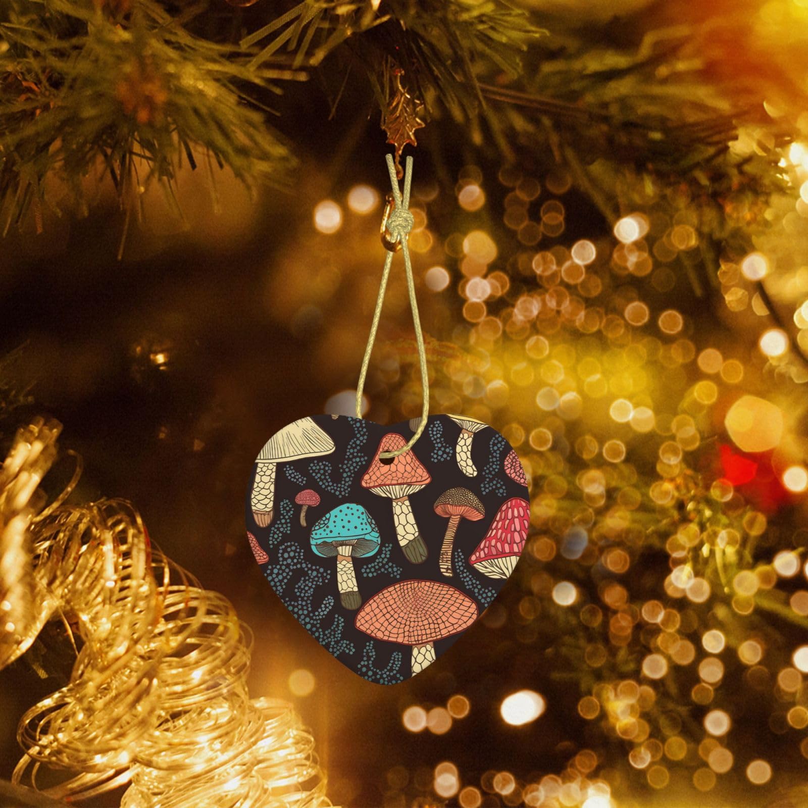 Christmas Heart Shaped Ornaments 1 Pcs, Double-Side Ceramic Xmas Tree Hanging Ornament with Gold String Mushroom Personalized Porcelain 2025 Christmas Pendent