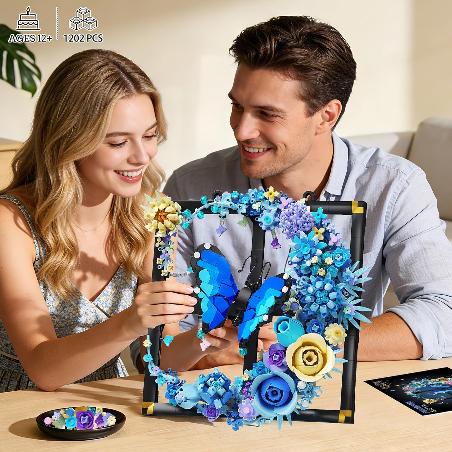 PLAXSOON Moon Flower Building Set with Lights, 1141 PCS Wall Botanical Flowers Building Block Kit with Butterfly, Floral Plant Collection Office Home Decor, Gift for Her Adults Women Boys Girls 12+