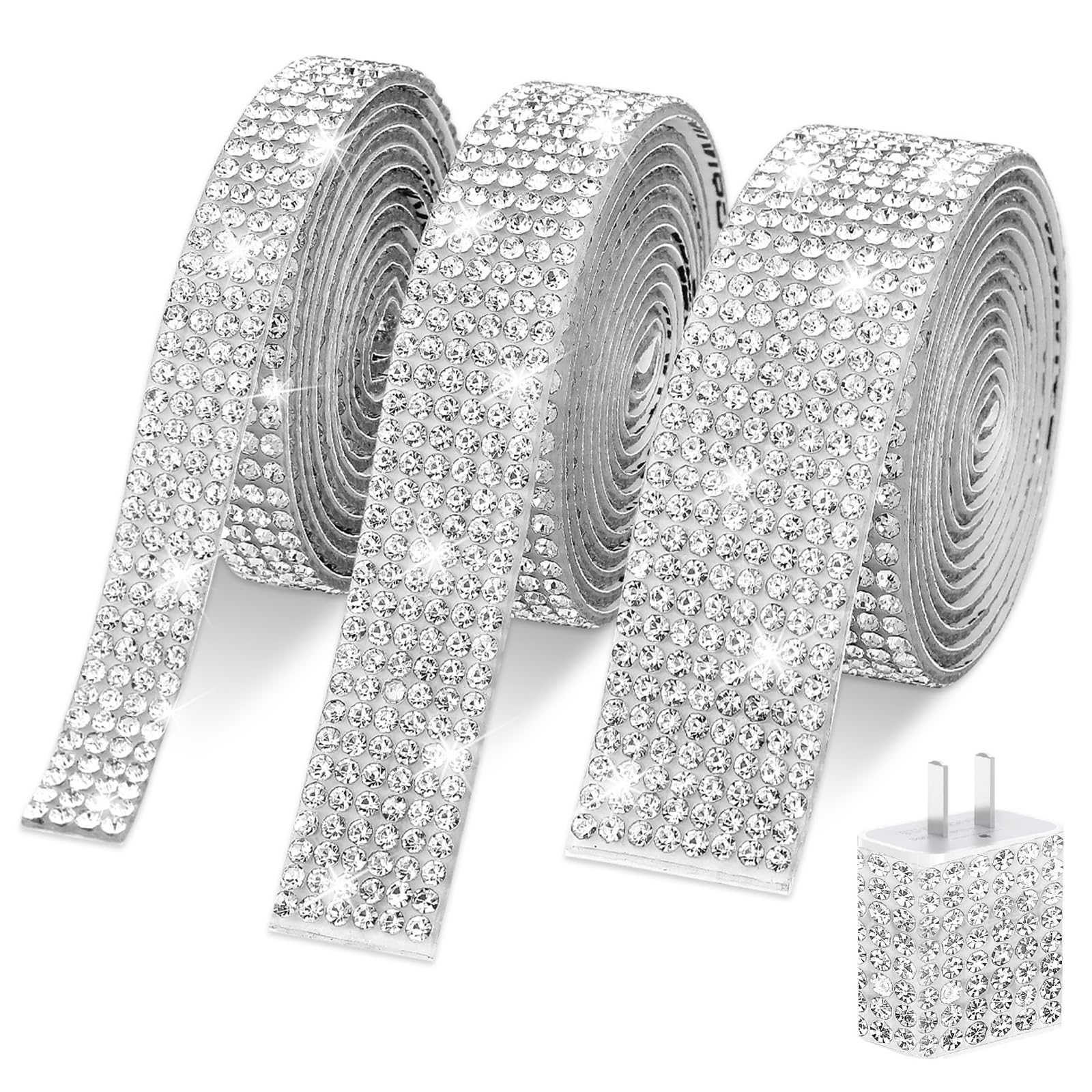 Sparkly Ribbon Rhinestone Ribbon Self Adhesive 1 Yard Bedazzling Strips 3 Rolls Rhinestones Strips Glitter Crystal Tape Diamond Bling Ribbons Stickers Sparkling Trim for DIY Crafts Decoration(Silver)