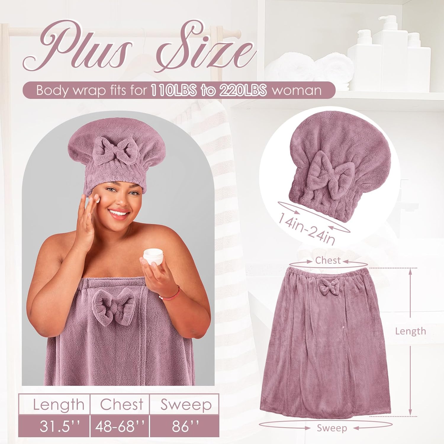Xtinmee 2 Sets Plus Size Womens Wrap Towel with Hair Towel Bath Towel Wrap Shower Dress Towel Spa Wraps for Women's Bathrobe (Purple) - Image 2