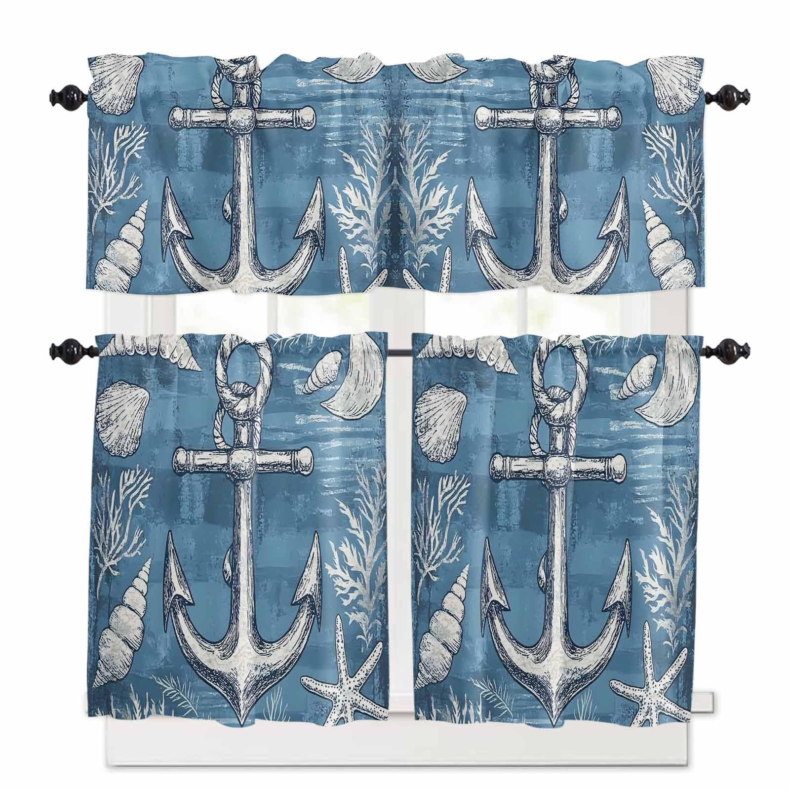 Blue Nautical Anchor Kitchen Curtains 24 Inch Length, 3 Piece Rod Pocket Small Half Tiers and Valance Set, Summer Coastal Ocean Coral Small Large Window Treatment Decor for Bedroom/Bathroom Sink