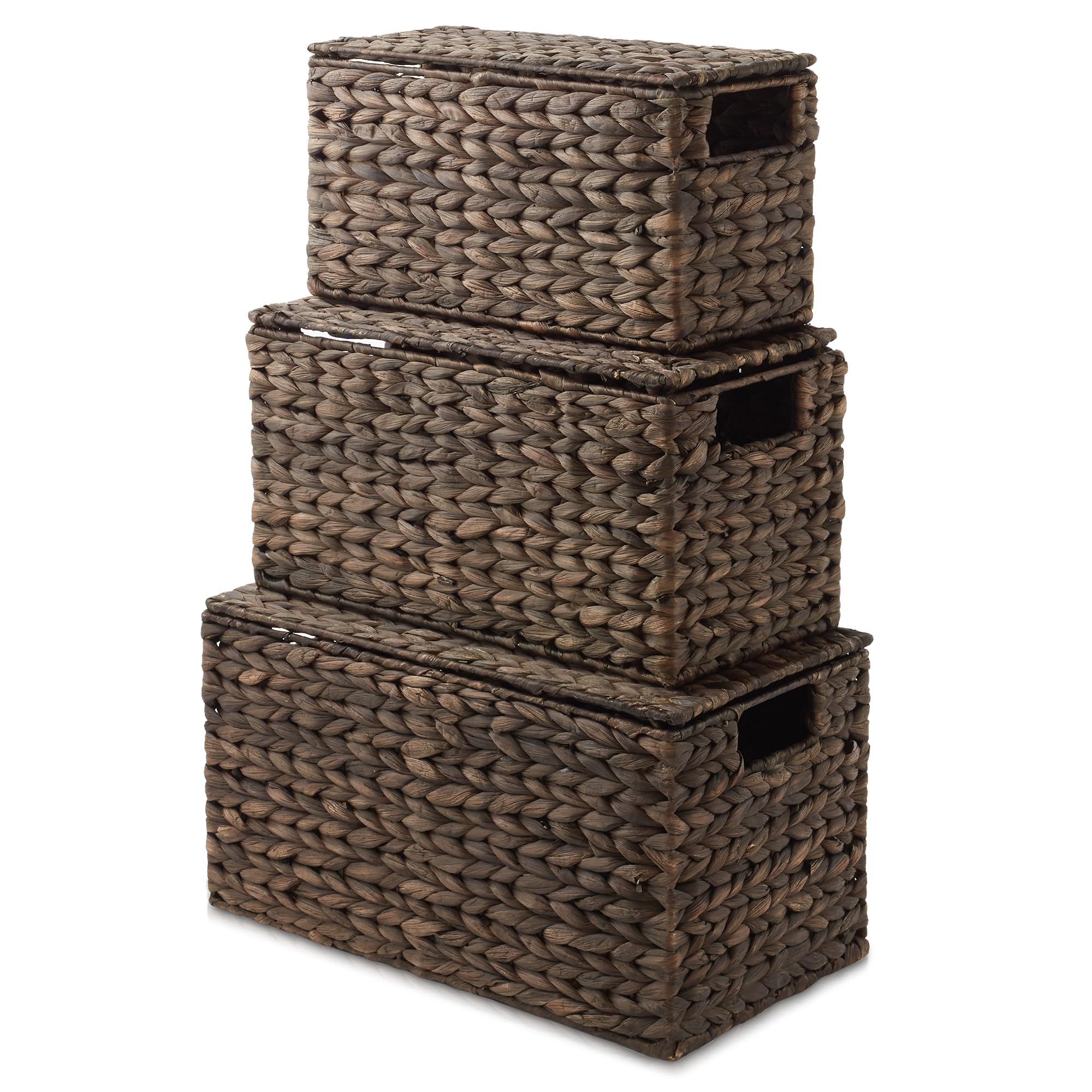 Casafield Aufbewahrungskörbe aus Wasserhyazinthe mit Deckel, Espresso, klein, mittel, groß, gewebte Nistkörbe für Badezimmer, Schlafzimmer, Schränke, Regale, 3 Stück