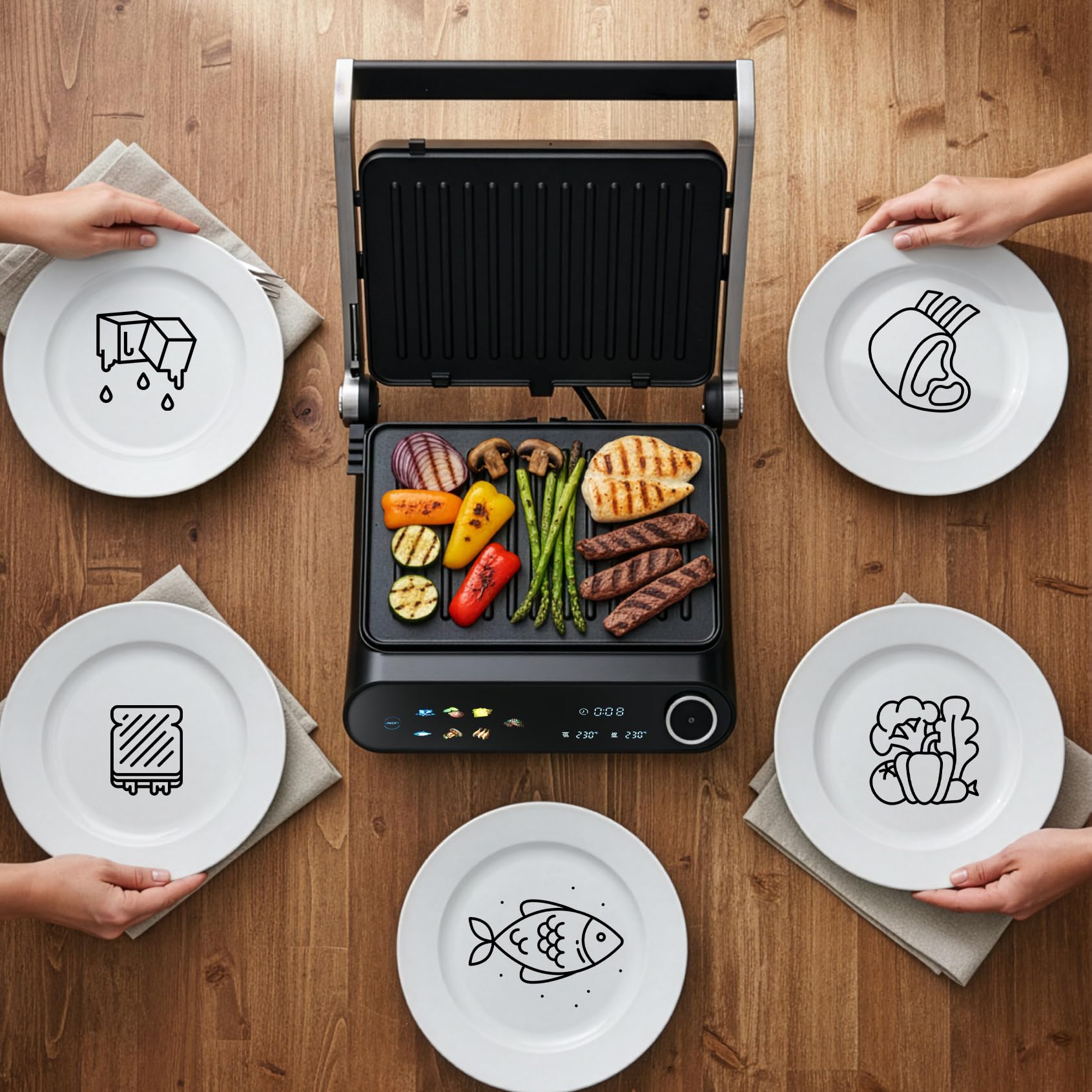LEHMANN Bistecchiera Elettrica, 2000 W, Apertura 180°, Piastre Antiaderenti Rimovibili, 10 Programmi, Regolazione Temperatura 90-230°C, Timer 1-240 min, Griglia per Cucinare Carne, Pesce e Verdure