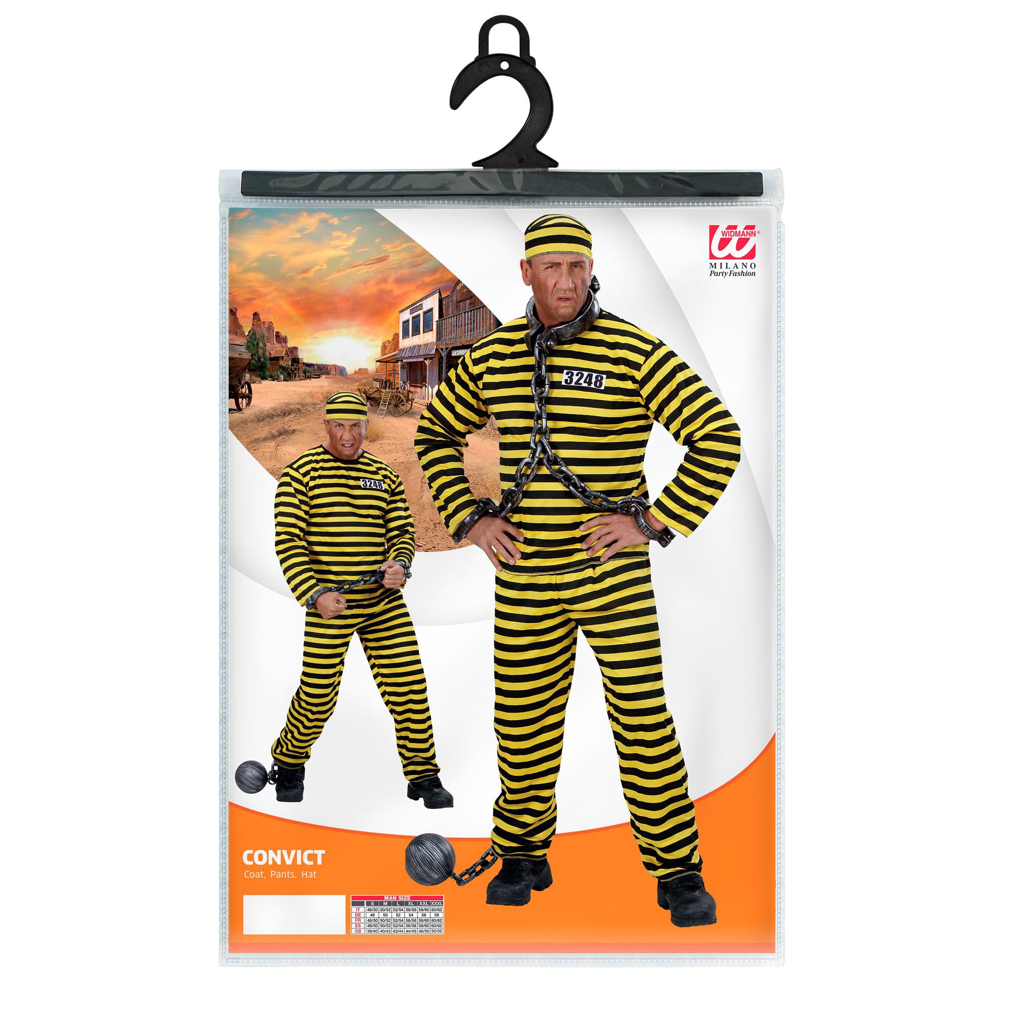 W WIDMANN MILANO Party Fashion - Costume de prisonnier pour homme | Costume de prisonnier 3 pièces comprenant un haut, un pantalon et une casquette, pour le carnaval ou une soirée à thème
