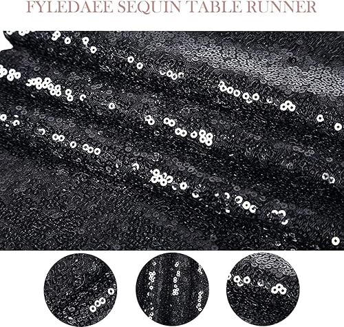 Miniatura 9 de Camino de mesa de lentejuelas negras, 1 paquete de 12 x 72 pulgadas de largo, camino de tela brillante con purpurina para decoración de mesa redonda