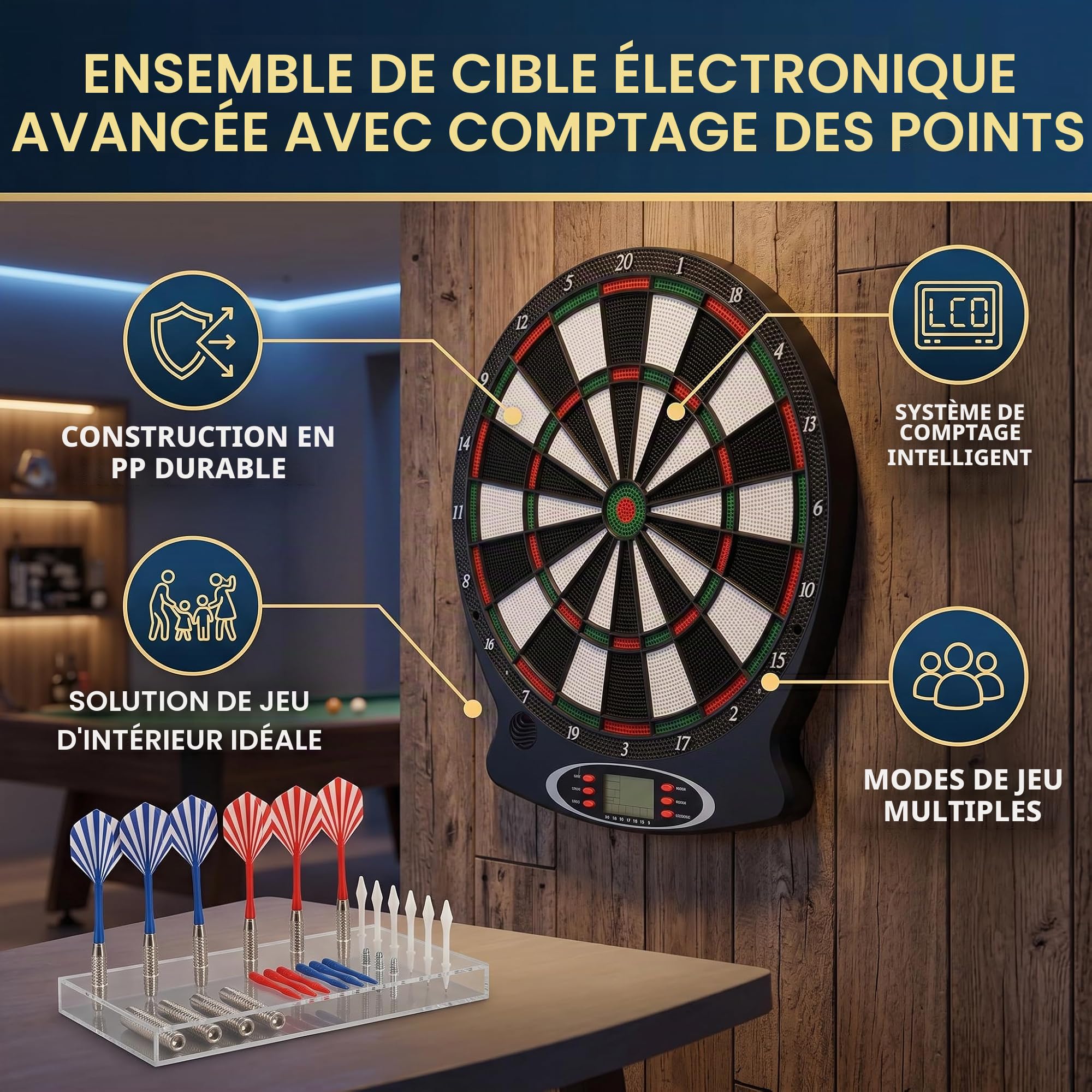 Cible de Fléchettes Électronique avec Écran LCD, 6 Fléchettes et Pointes en Plastique, Jeu pour Entraînement et Pratique