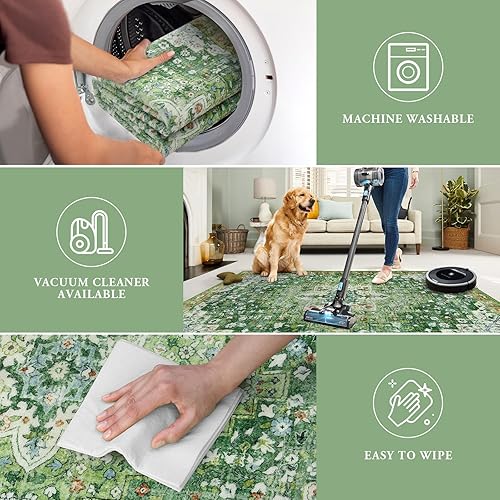 Miniatura 4 de Sivilife Alfombra de pasillo de 2 x 6 pulgadas, antideslizante, lavable, alfombra de cocina verde con respaldo de goma, alfombras bohemias florales