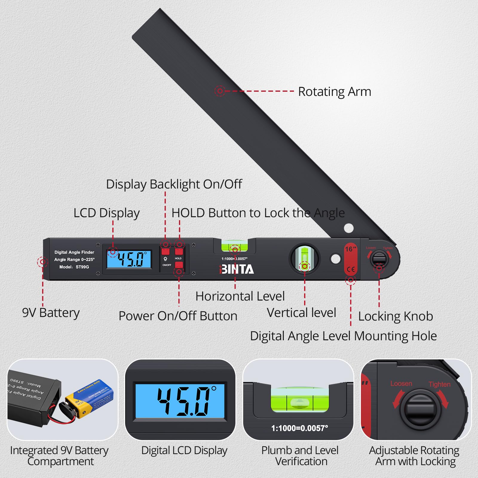 BINTA 0-225° Range Digital Angle Finder - Image 3