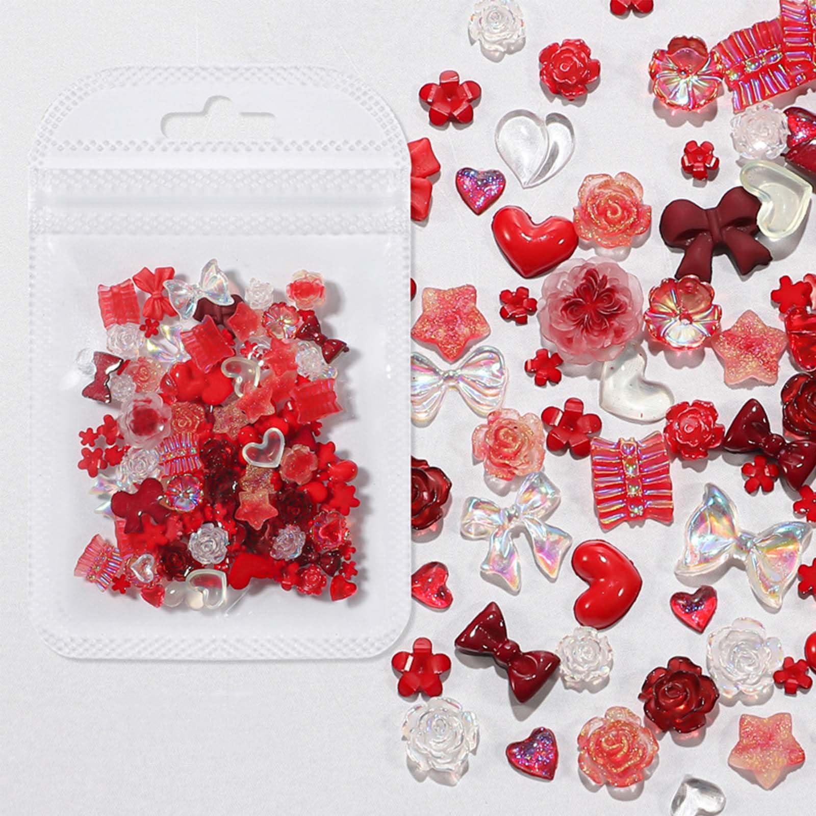 100Pcs Red Nail Charms Flower Nail Art Charms 3D Multi Shapes Floral Bowknot Design Nail Rhinestone Acrylic Nail Charms for Women Manicure Supplies