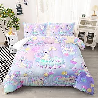XYNHML Kid Unicorn Comforter Set Twin Size 3Pcs White Cloud Star Love Heart Pattern Quilt Balloon Bedding Set for Boys Girls with 1 Comforter and 2 Pillowcases