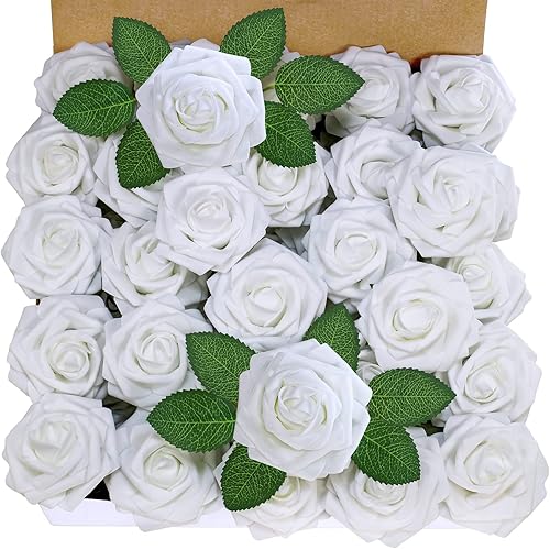 Miniatura 47 de Winlyn 50 rosas rojas de tacto real con tallos y hojas de seda, flores artificiales a granel para bodas, centros de mesa, arreglos florales