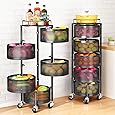 HOYRR Rotating Storage Rack for Kitchen, 4 Tier Fruit and Vegetable Storage for Kitchen Rotating Storages Rack with Wheels, Cart Space Saver Potatoes Fruit Basket, Black