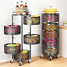 HOYRR Rotating Storage Rack for Kitchen, 4 Tier Fruit and Vegetable Storage for Kitchen Rotating Storages Rack with Wheels, Cart Space Saver Potatoes Fruit Basket, Black