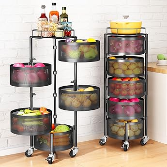 HOYRR Rotating Storage Rack for Kitchen, 4 Tier Fruit and Vegetable Storage for Kitchen Rotating Storages Rack with Wheels, Cart Space Saver Potatoes Fruit Basket, Black