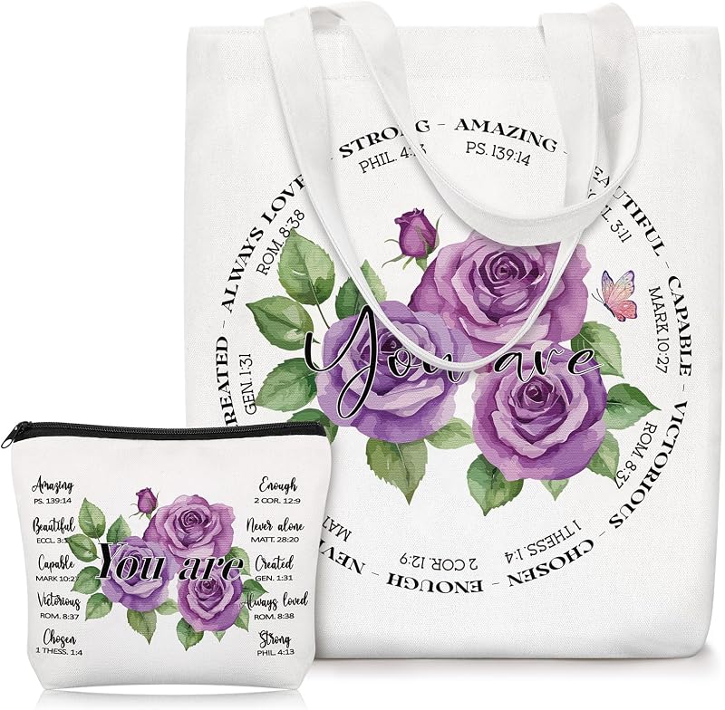 Paterr Bolsa tote de lona com estampa cristã e necessaire de maquiagem, Roxa e Rose, Pacote com 2