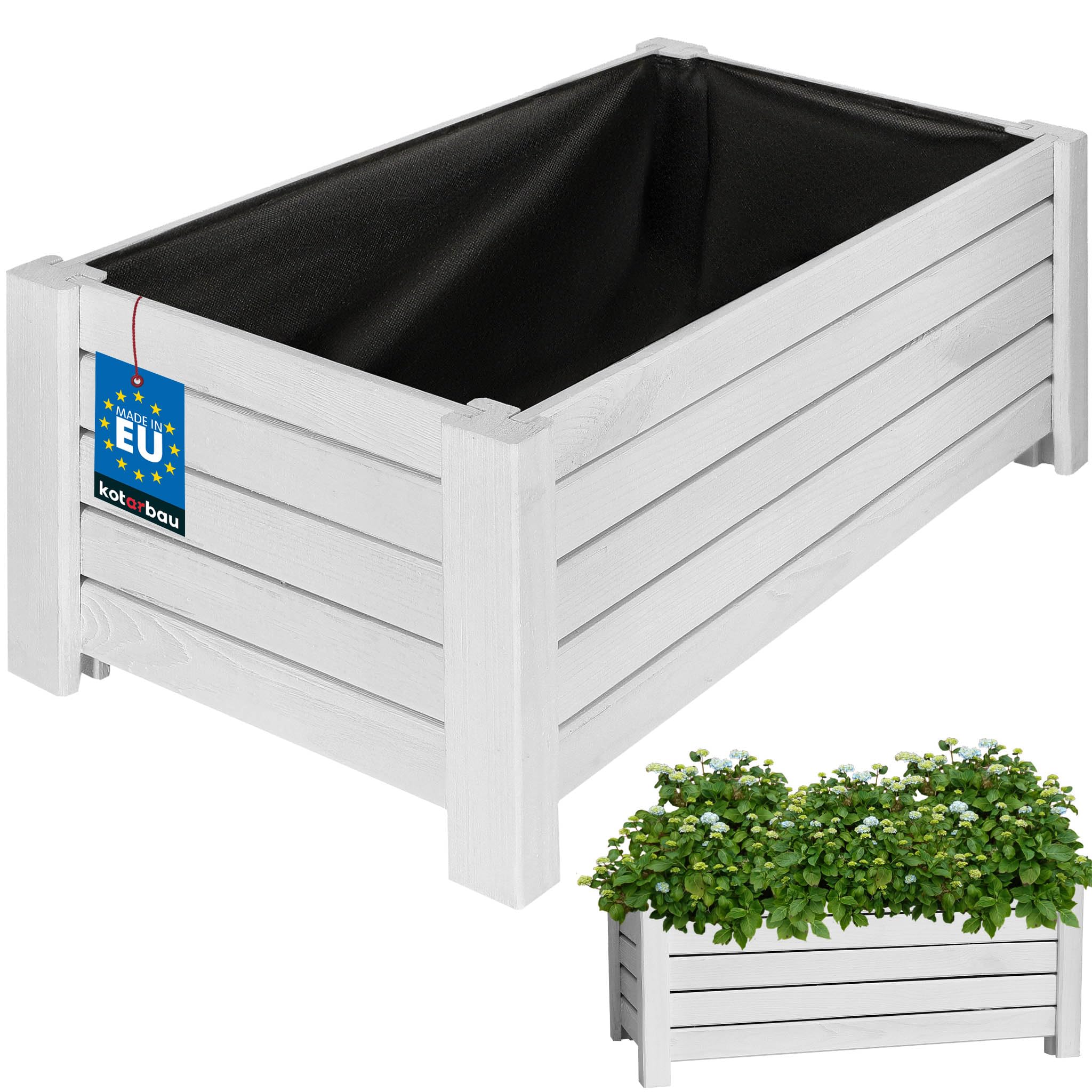 KOTARBAU® Planters outdoor - Garden Planters - Pine Wood - 60 x 33 x 25 cm (23x13x9.8 inches) - White - Outdoor Plant Pots - with Liner - Wooden Planter - for Terrace