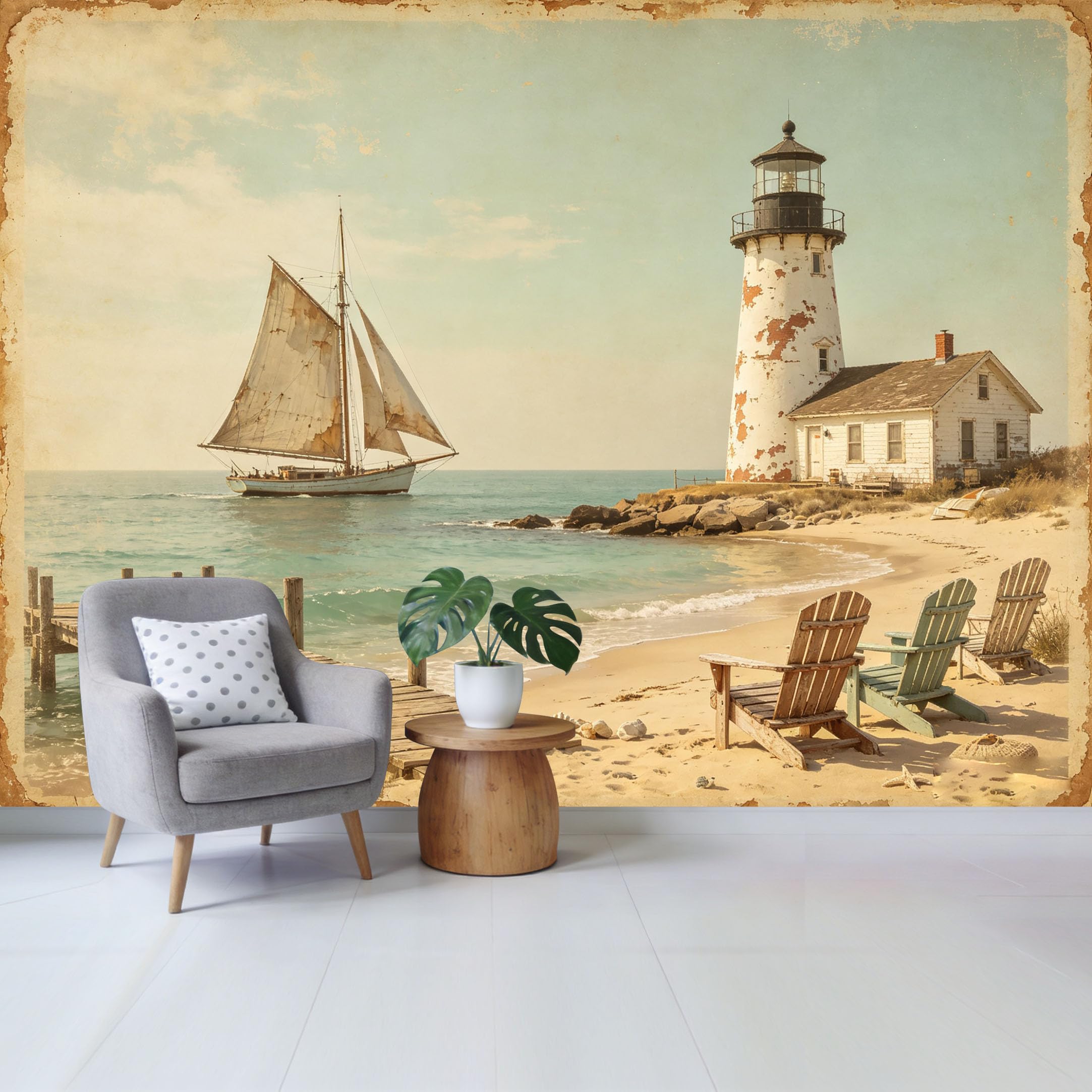Qzlithotic Yq2605251221 Custom Size Wall Mural Vintage Coastal Lighthouse Sailboat Pier Shoreline Landscape Selfadhesive Wall Fabric Removable Wallpaper For Home Office Decor