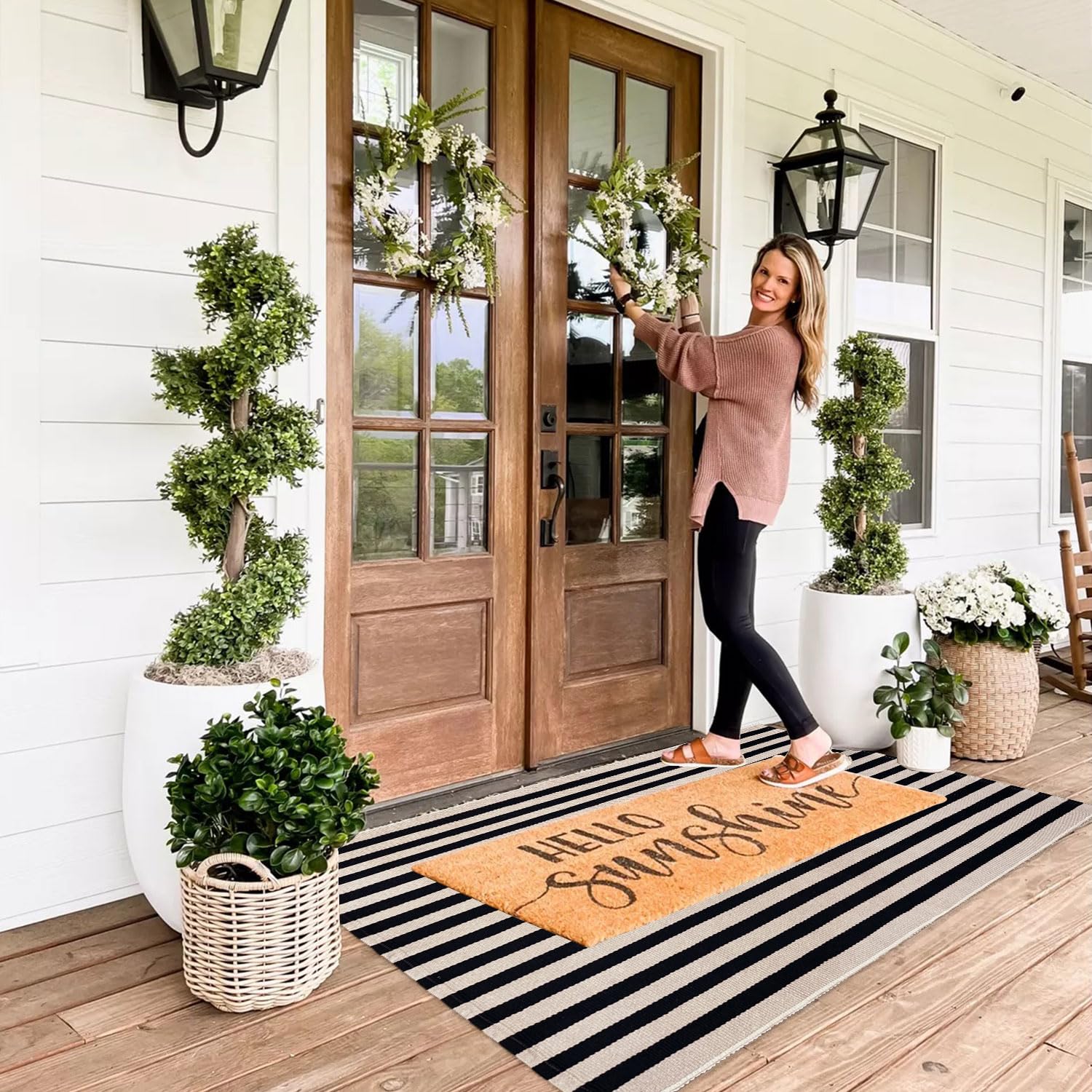 Indoor Outdoor Rug 3x5 Front Door Mat Outdoor Cotton Welcome Mat Outdoor Farmhouse Layered Mat Washable Stripe Outdoor Mats for Entrance Front Door Porch Balcony(Black/Tan) — view 8