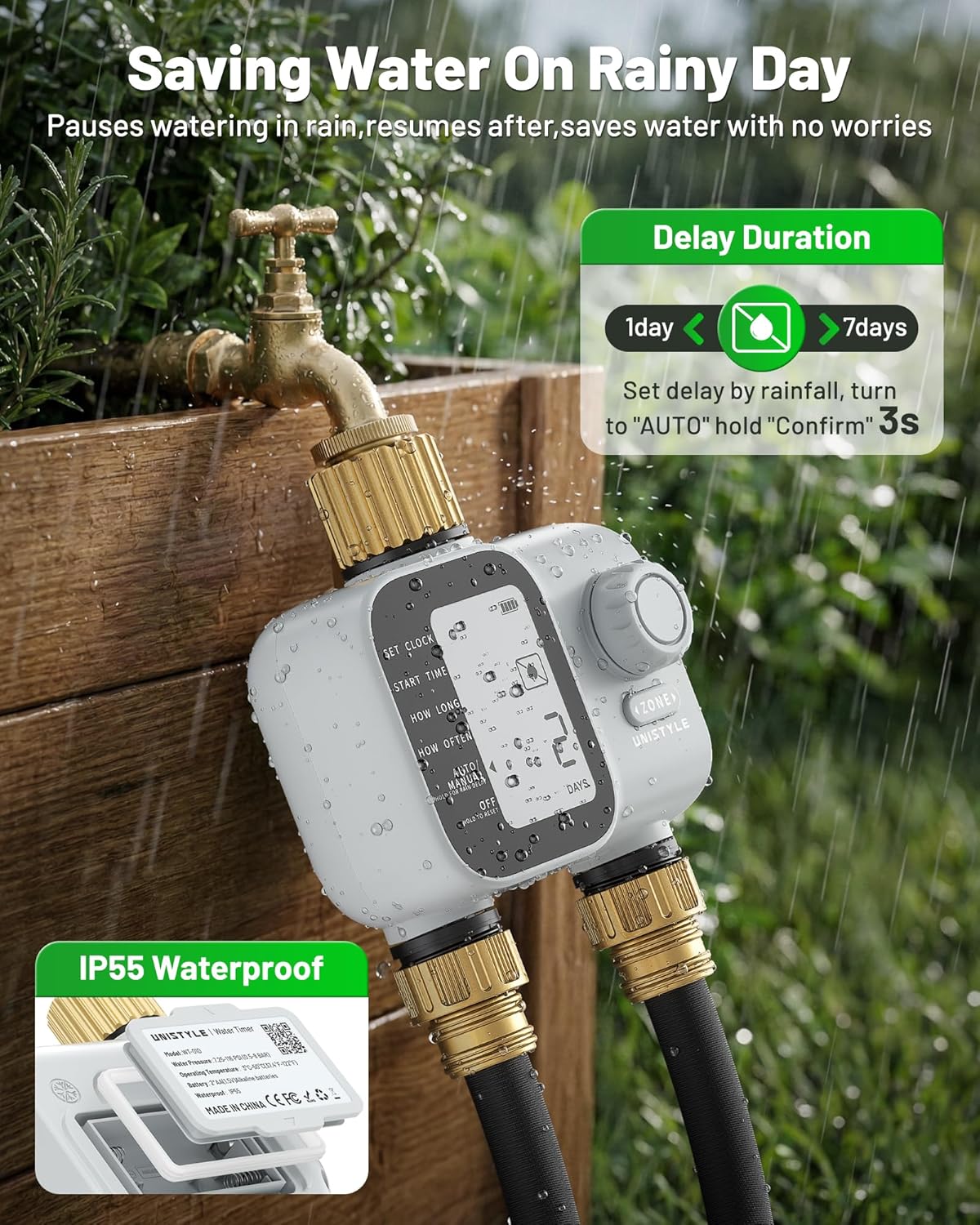 [All-New 2027] Heavy Duty Sprinkler Timer 2 Zone with Brass Inlet, Unistyle Water Timer for Garden Hose with Rain Delay and Manual Water/Automatic Irrigation, Hose Timers Yard Lawn Patio