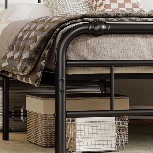 Miniatura 4 de ZIYOO Base de cama de metal individual XL con cabecera y estribo de estilo vintage, 14 pulgadas de alto, soporte de 3500 libras, no necesita somier,