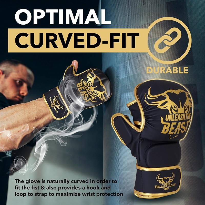 BEAST RAGE MMA Kesztyű Nyitott Tenyérrel - Állítható Csuklótámasz, Unisex Küzdősport Kesztyű Muay Thai, Kickbox, Taekwondo Edzéshez - S/M, P