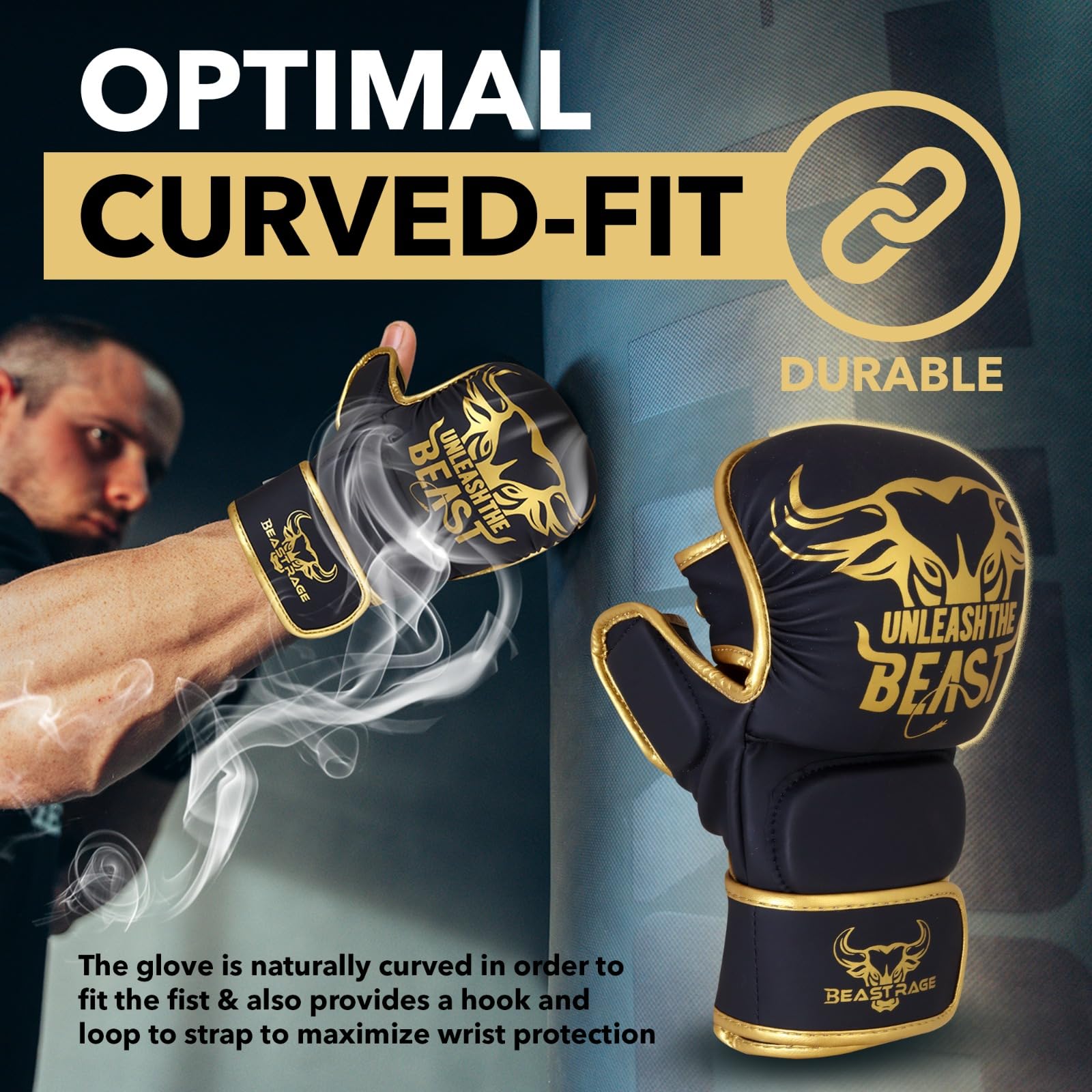 BEAST RAGE Guanti da MMA con Supporto per Polso Regolabile e Palmo Aperto per Arti Marziali, Grappling, Sparring, Muay Thai, Combattimento, Taekwondo, Kickboxing, Boxe, Allenamento