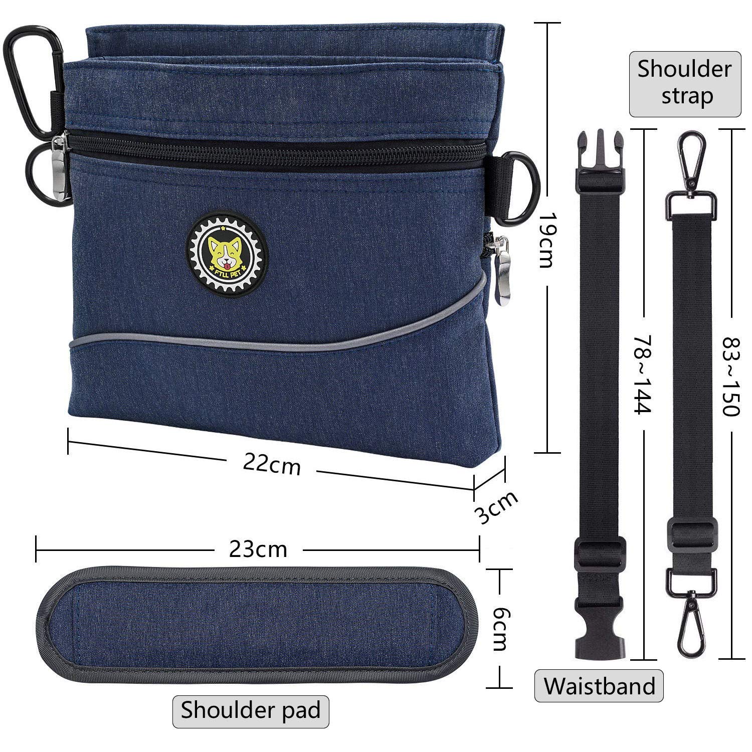 Bolsa de golosinas para perros con cierre magnético, 2 bolsillos con cremallera, bolsa de comida para perros con bolsillo interior extraíble, correa acolchada para el hombro, bolsa de comida perfecta