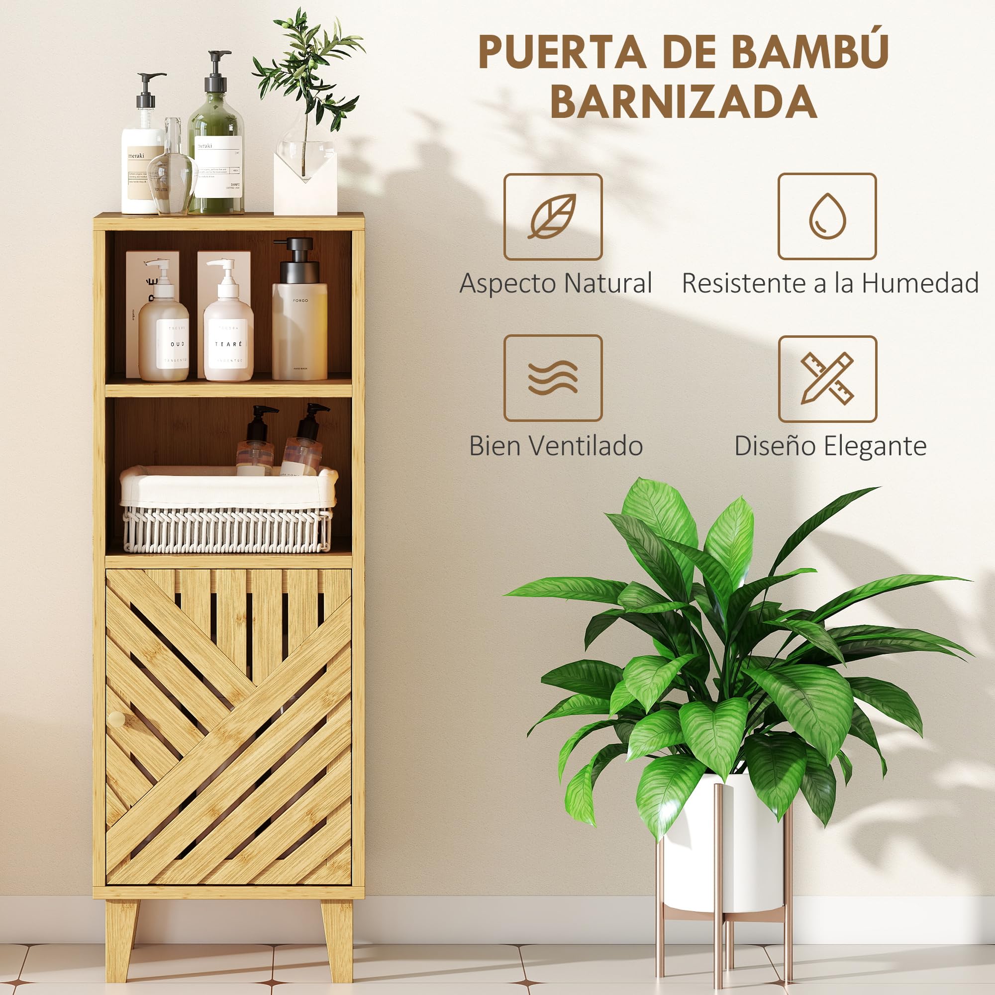 HOMCOM Armario de Baño Estrecho Puerta Patas de Bambú 32x30x90 cm Natural