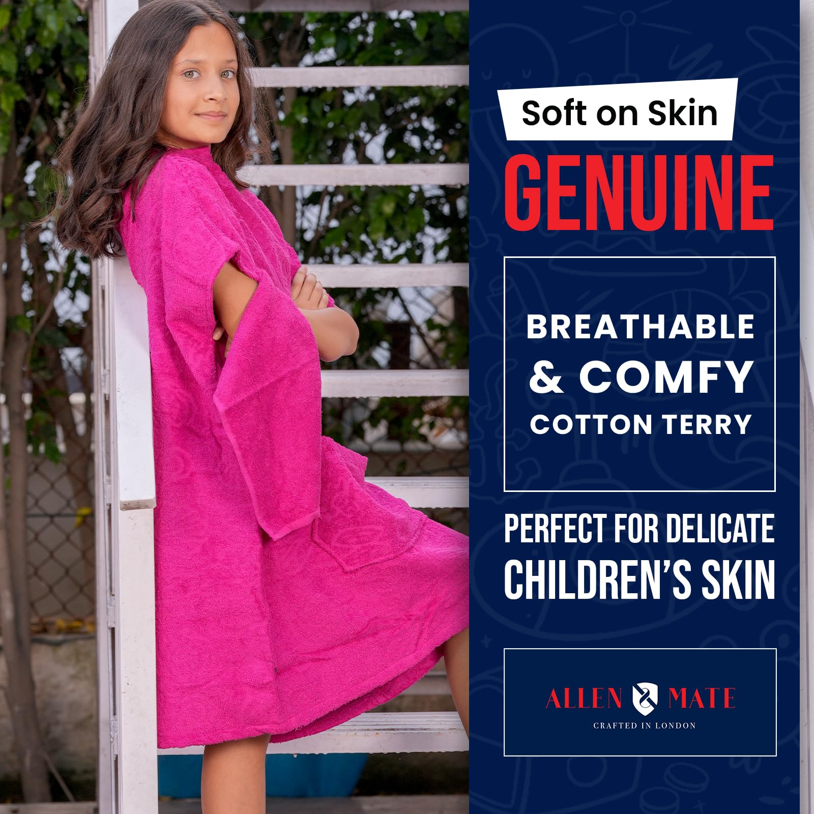 ALLEN & MATE Asciugamano Poncho con Cappuccio per Bambini, Accappatoio per Fasciatoio in Cotone Premium per Spiaggia, Nuoto, Surf, Bagno, Sport Acquatici