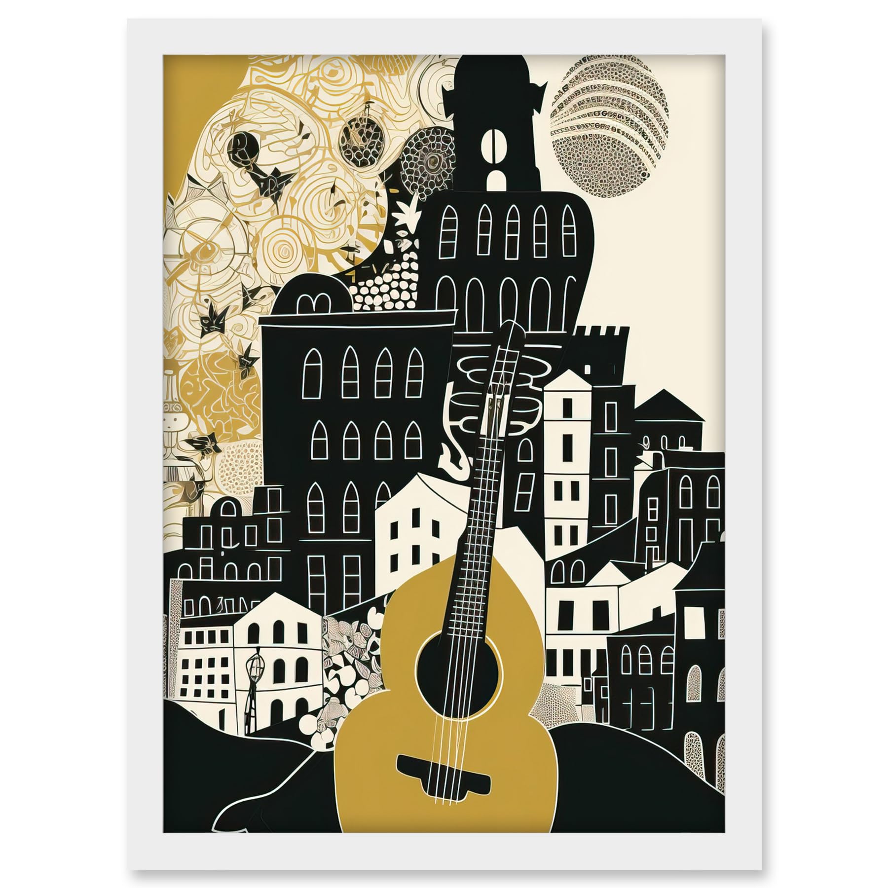 Artery8 Edinburgh Cityscape Fringe Festival Guitar Linocut Artwork Framed A3 Wall Art Print